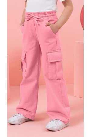 Kargo Cepli Lastikli Bel Gabardin Kız Kargo Pantolon - Pembe - 5-6 YAŞ