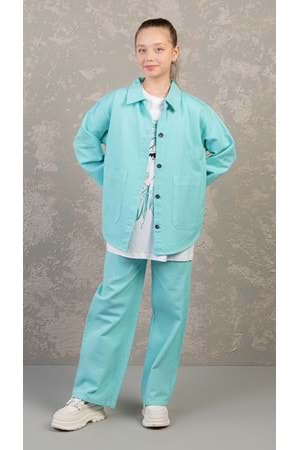Düz Renk Beli Ayarlana Bilir Kız Çocuk Kot Pantolon - Mint - 13-14 YAŞ