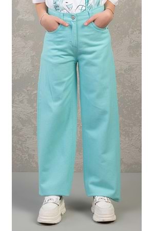 Düz Renk Beli Ayarlana Bilir Kız Çocuk Kot Pantolon - Mint - 13-14 YAŞ