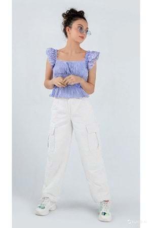 Kargo Pantolon Kız Çocuk Gabardin Beli Lastikli - Beyaz - 4-5 YAŞ