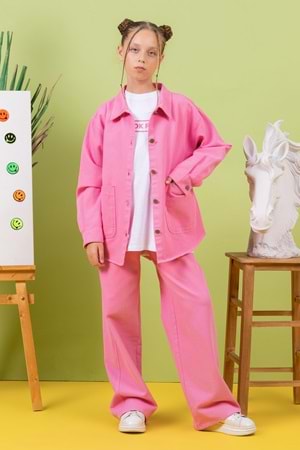 Düz Renk Cepli Düğme Kapamalı Kız Çocuk Kot Gömlek - Pembe - 13-14 YAŞ