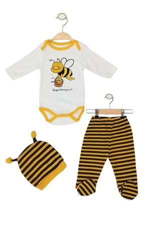Arı Temalı 3'lü Bebek Takımı - Zıbın + Pantolon + Şapka - Sarı - 3-AY