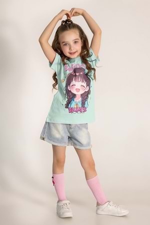 Summer Time Baskılı Bisiklet Yaka Kız T-shirt - Mint