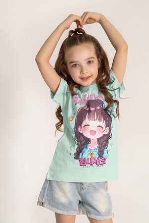 Summer Time Baskılı Bisiklet Yaka Kız T-shirt - Mint