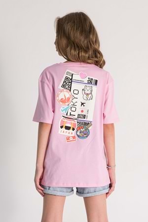 Önü Sırtı Tokyo Baskılı Bisiklet Yaka Kız Çocuk T-Shirt - Pembe