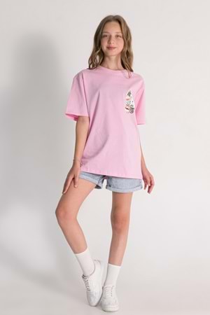 Önü Sırtı Tokyo Baskılı Bisiklet Yaka Kız Çocuk T-Shirt - Pembe