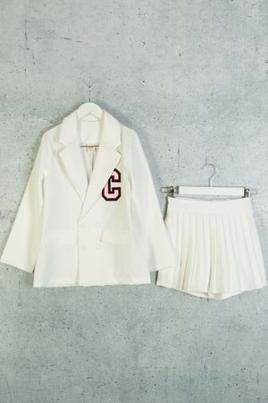 Krep Kumaş Pilise Etekli Aplikeli Düğme Kapamalı Bazer ceketli Kız Çocuk Takım - Beyaz