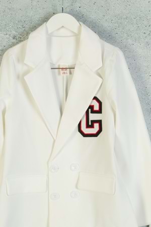 Krep Kumaş Pilise Etekli Aplikeli Düğme Kapamalı Bazer ceketli Kız Çocuk Takım - Beyaz