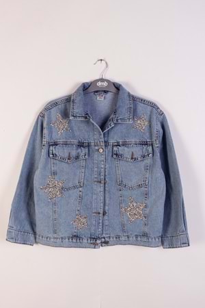 Taş Yıldız Baskılı Kapak Cepli Kız Çocuk Kot Ceket - Mavi