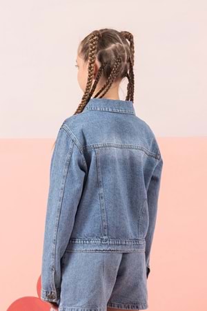 Taş Yıldız Baskılı Kapak Cepli Kız Çocuk Kot Ceket - Mavi