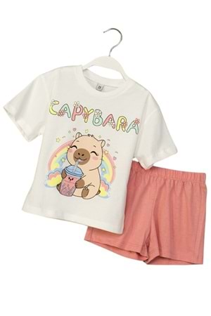Capybara Baskılı Kız Çocuk Tişört ve Şort Takımı Yazlık Rahatlık ve Sevimlilik