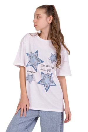 Yıldız Baskılı Taş İşlemeli Kız Çocuk T-Shirt