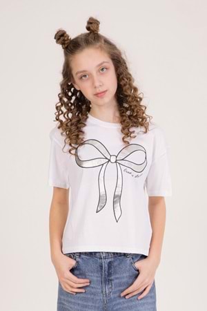 Fiyon Varak Baskılı Bisiklet Yaka Kız Çocuk T-Shirt - Beyaz