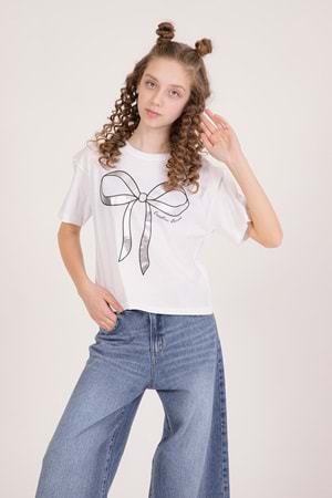 Fiyon Varak Baskılı Bisiklet Yaka Kız Çocuk T-Shirt - Beyaz