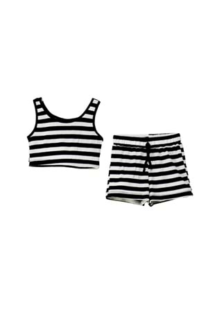 Siyah Beyaz Çizgili Crop Top ve Şort Takımı