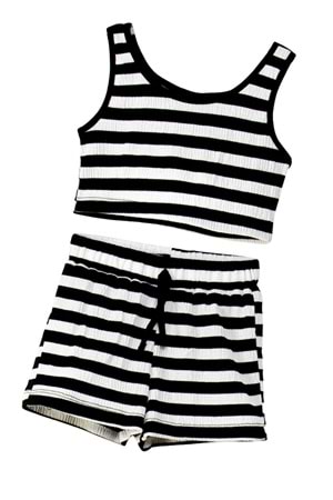 Siyah Beyaz Çizgili Crop Top ve Şort Takımı