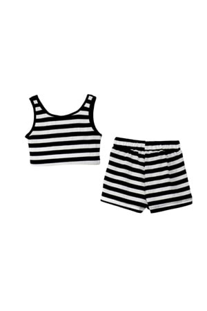 Siyah Beyaz Çizgili Crop Top ve Şort Takımı