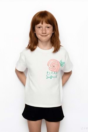 Önü Sırtı Çiçek Baskılı Bisiklet Yaka Kız Çocuk T-Shirt - Beyaz
