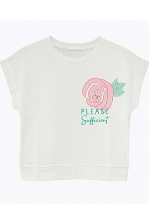 Önü Sırtı Çiçek Baskılı Bisiklet Yaka Kız Çocuk T-Shirt - Beyaz