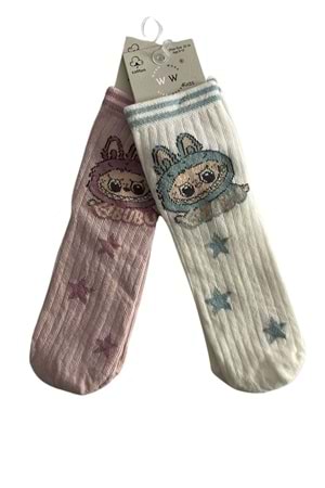 Waka Waka Kids Store 2’li Çocuk Desenli Renkli Pamuklu Çorap Seti Yıldız ve Karakter Baskılı