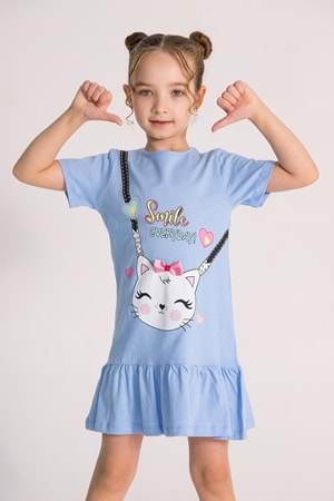 Kedi Baskılı Mint Yeşili Volanlı Kız Çocuk Elbise - Mavi