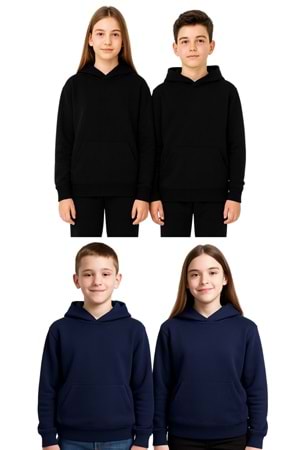 Unisex Çocuk Kapüşonlu Sweatshirt – Siyah & Lacivert
