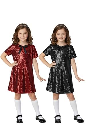 Kız Çocuk Payetli Kısa Kollu Elbise