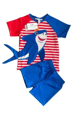 Köpekbalığı Aplike Detaylı Çizgili Tişört ve Mavi Şort Erkek Çocuk Deniz Takımı - Saks