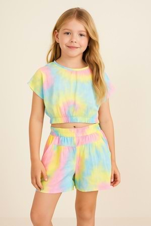 Batik Desenli Crop Top ve Şort Kız Çocuk Takım