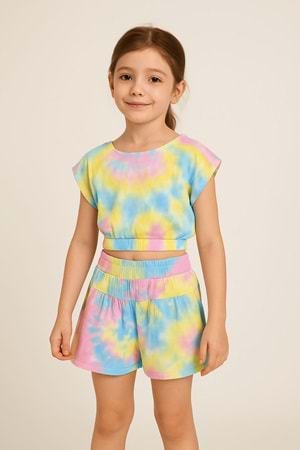 Batik Desenli Crop Top ve Şort Kız Çocuk Takım