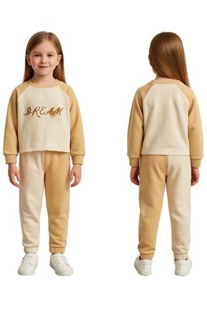 Önü Baskılı Bisiklet Yaka Çift Renk Kız Çocuk Eşofman Takımı