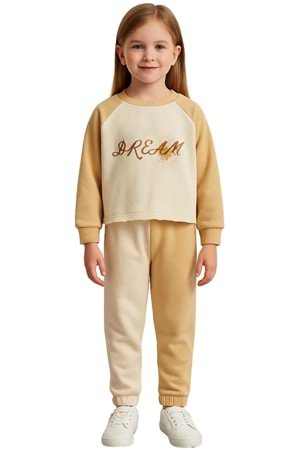 Önü Baskılı Bisiklet Yaka Çift Renk Kız Çocuk Eşofman Takımı