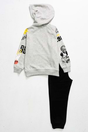 Önü Kolları Baskılı Kanguru Cepli Kapüşonlu Erkek Çocuk Eşofman Takım