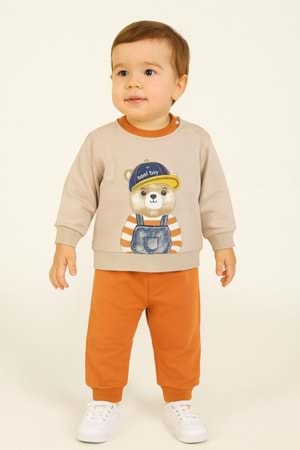 Erkek Çocuk Sweatshirt ve Eşofman Altı Takım Köpek Bear Desenli Rahat Günlük Giyim