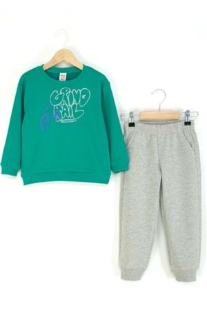 Erkek Çocuk Gri & Yeşil Sweatshirt ve Oranj & Melanj Eşofman Altı İkili Takım