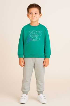 Erkek Çocuk Gri & Yeşil Sweatshirt ve Oranj & Melanj Eşofman Altı İkili Takım