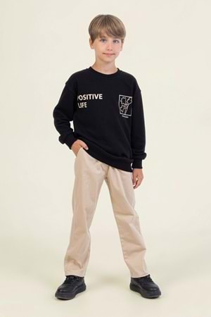 Erkek Çocuk Siyah Sweatshirt – Positive Life Baskılı, Rahat Kesim