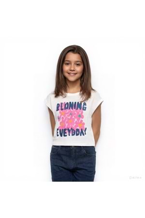 Önü Çiçek Baskılı Bisiklet Yaka Kız Çocuk T-Shirt - Beyaz