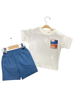 Cep Detaylı Baskılı Beyaz Tişört ve Mavi Şort Bebek/Çocuk Takım - İndigo