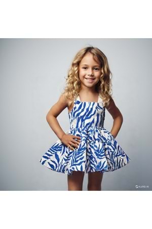 Mavi Yaprak Desenli Askılı Kız Çocuk Elbise