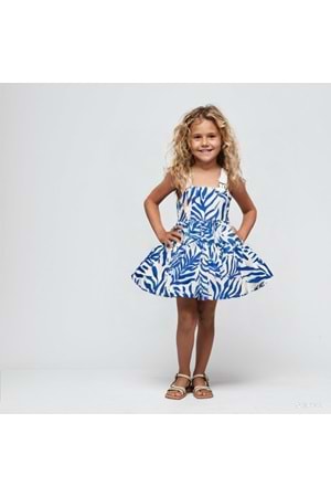 Mavi Yaprak Desenli Askılı Kız Çocuk Elbise