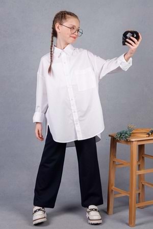 Kız Çocuk Beyaz Oversize Uzun Kollu Gömlek