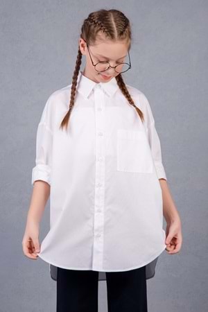 Kız Çocuk Beyaz Oversize Uzun Kollu Gömlek