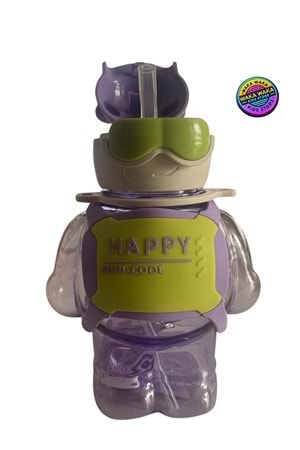 Happy Mini-Cool Ayıcık Şekilli Çocuk Matara 500 ml Renkli Şeffaf Suluk Askılı
