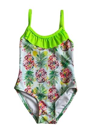 Ananas Desenli Fırfırlı Yeşil Kız Çocuk Mayo - Yeşil