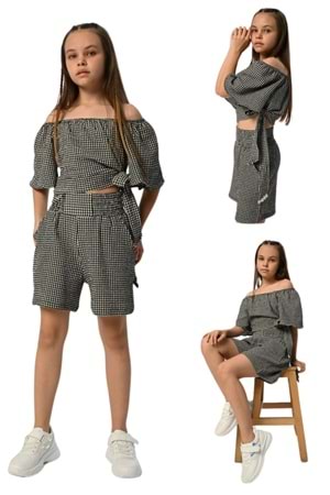 Kare Desenli Omzu Açık Kız Çocuk Crop Top ve Şort Takım - Siyah