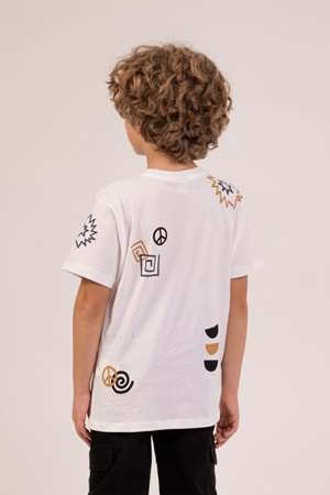 Önü Sırtı Baskılı Bisiklet Yaka Erkek Çocuk T-Shirt - Ekru
