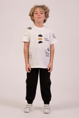 Önü Sırtı Baskılı Bisiklet Yaka Erkek Çocuk T-Shirt - Ekru