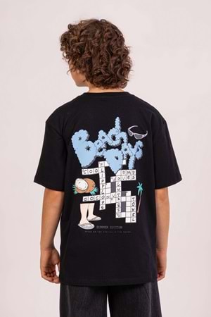Önü Sırtı Baskılı Bisiklet Yaka Erkek Çocuk T-Shirt - Siyah
