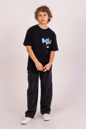 Önü Sırtı Baskılı Bisiklet Yaka Erkek Çocuk T-Shirt - Siyah